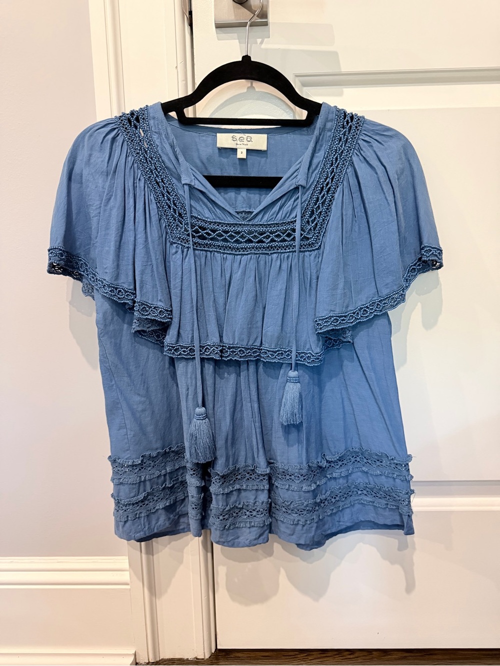 Sea New York Blue Boho Tassel Peasant Top with beading details